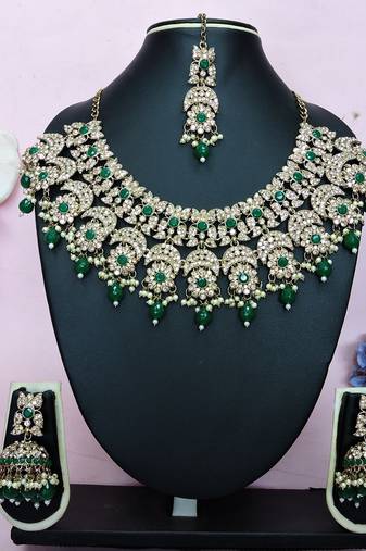Green designer premium festive wear necklace set