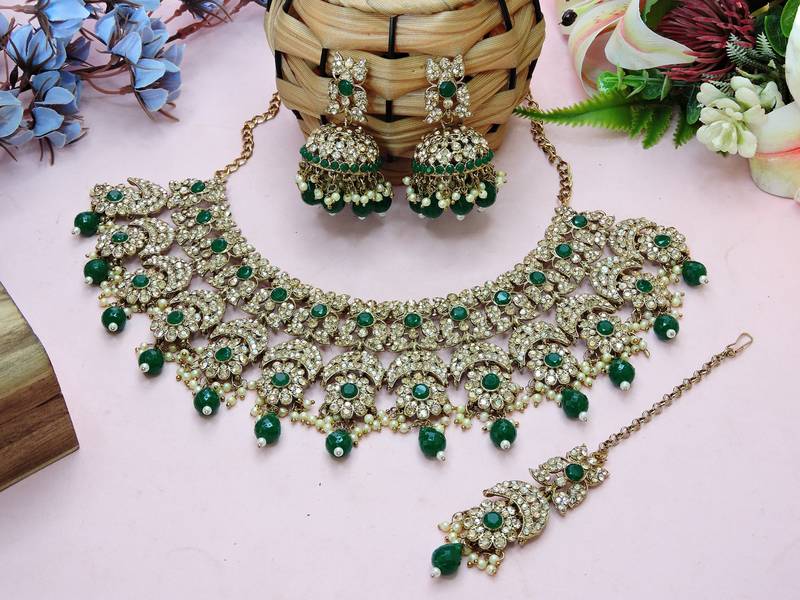 Green designer premium festive wear necklace set