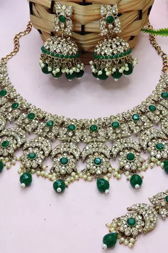 Green designer premium festive wear necklace set