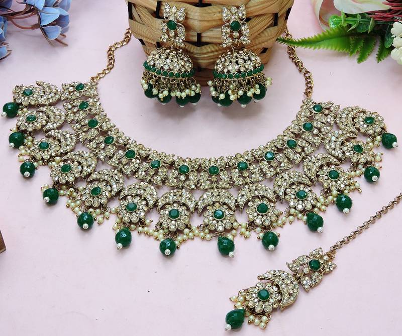 Green designer premium festive wear necklace set