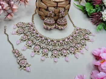 Pink designer premium festive wear necklace set 2