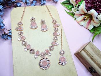 Pink designer premium festive wear necklace set 3