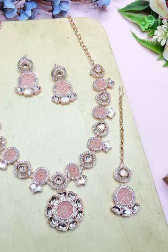 Pink designer premium festive wear necklace set