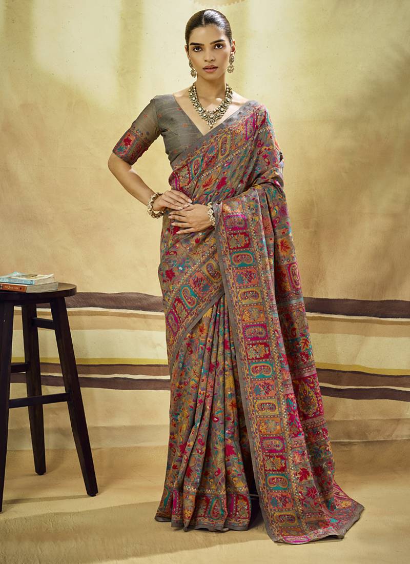 Gray modal cotton pashmina weaving festival wear saree