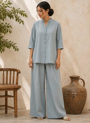 Blue solid pleated cotton shirt style tunic & trouser co-ord set for women 1