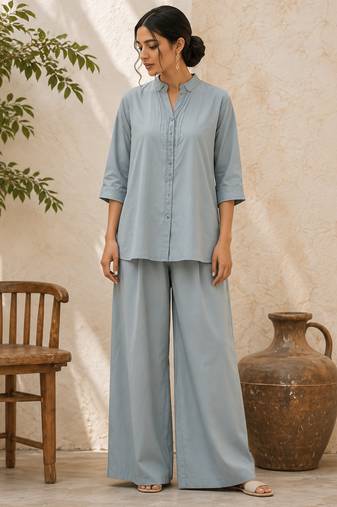 Blue solid pleated cotton shirt style tunic & trouser co-ord set for women