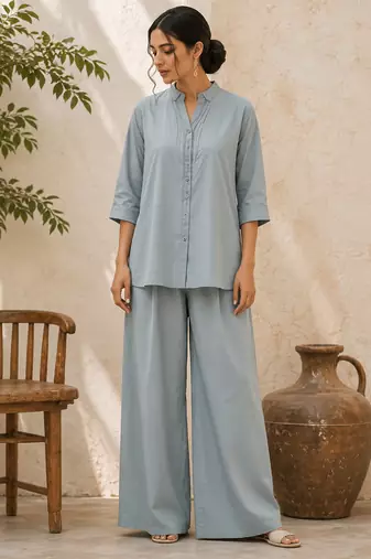 Blue solid pleated cotton shirt style tunic & trouser co-ord set for women