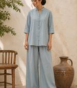 Blue solid pleated cotton shirt style tunic & trouser co-ord set for women