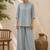 Blue solid pleated cotton shirt style tunic & trouser co-ord set for women