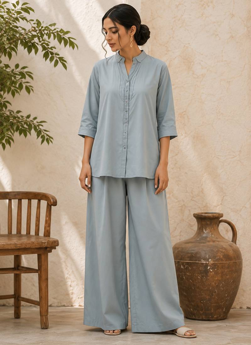 Blue solid pleated cotton shirt style tunic & trouser co-ord set for women