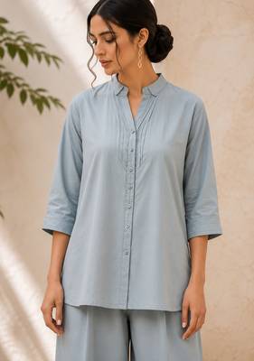 Blue solid pleated cotton shirt style tunic & trouser co-ord set for women 2