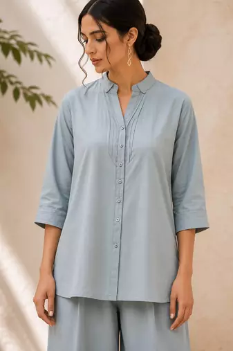Blue solid pleated cotton shirt style tunic & trouser co-ord set for women