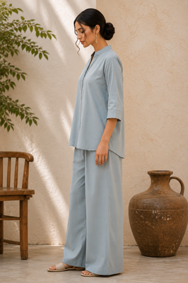 Blue solid pleated cotton shirt style tunic & trouser co-ord set for women 3