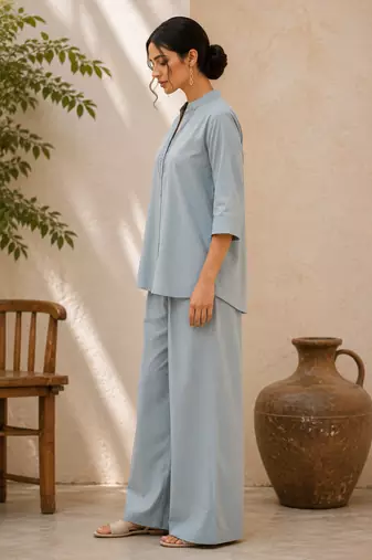 Blue solid pleated cotton shirt style tunic & trouser co-ord set for women