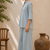 Blue solid pleated cotton shirt style tunic & trouser co-ord set for women