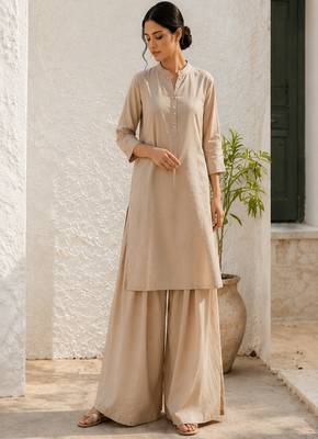 Beige cotton kurta with palazzo kurta set for women 1