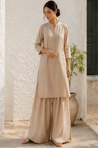 Beige cotton kurta with palazzo kurta set for women