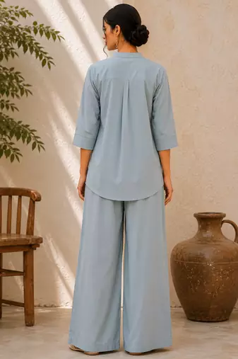 Blue solid pleated cotton shirt style tunic & trouser co-ord set for women