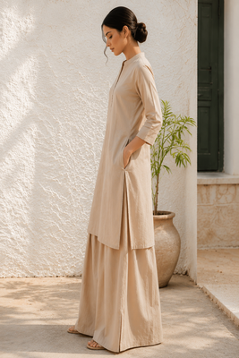 Beige cotton kurta with palazzo kurta set for women 2