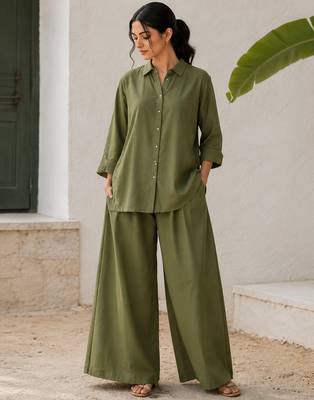 Olive solid pleated cotton shirt style tunic & trouser co-ord set for women 1