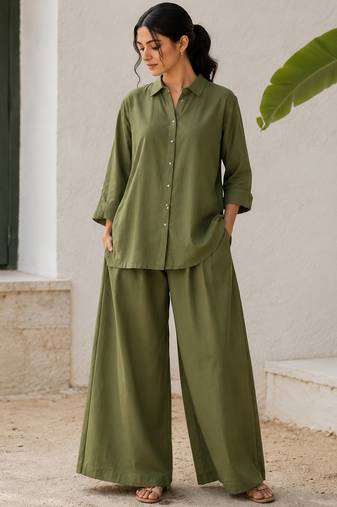 Olive solid pleated cotton shirt style tunic & trouser co-ord set for women