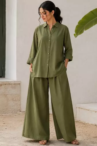 Olive solid pleated cotton shirt style tunic & trouser co-ord set for women
