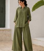 Olive solid pleated cotton shirt style tunic & trouser co-ord set for women