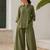 Olive solid pleated cotton shirt style tunic & trouser co-ord set for women
