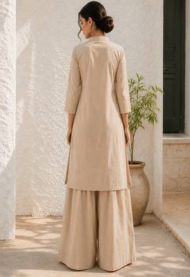 Beige cotton kurta with palazzo kurta set for women 3