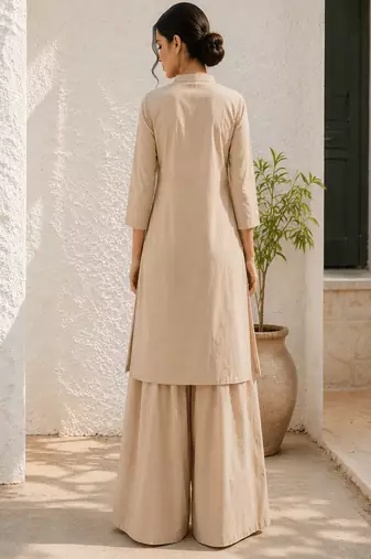 Beige cotton kurta with palazzo kurta set for women