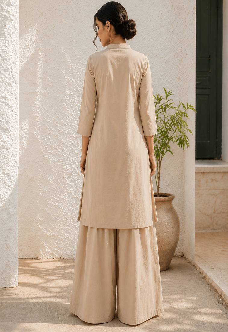 Beige cotton kurta with palazzo kurta set for women