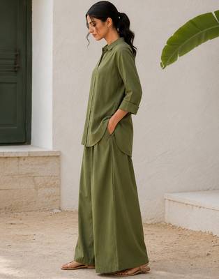 Olive solid pleated cotton shirt style tunic & trouser co-ord set for women 2
