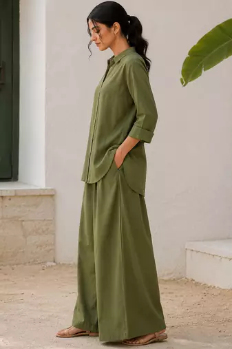 Olive solid pleated cotton shirt style tunic & trouser co-ord set for women