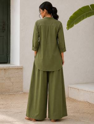 Olive solid pleated cotton shirt style tunic & trouser co-ord set for women 3