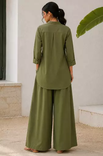 Olive solid pleated cotton shirt style tunic & trouser co-ord set for women
