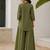 Olive solid pleated cotton shirt style tunic & trouser co-ord set for women