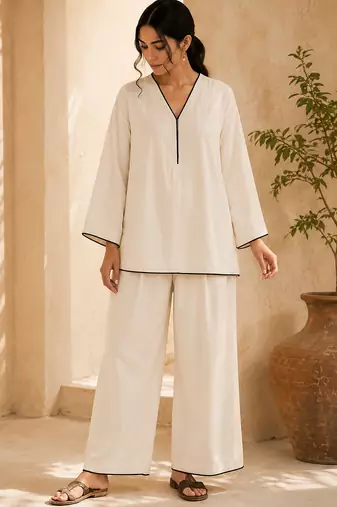 White solid pleated cotton shirt style tunic & trouser co-ord set for women