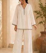 White solid pleated cotton shirt style tunic & trouser co-ord set for women