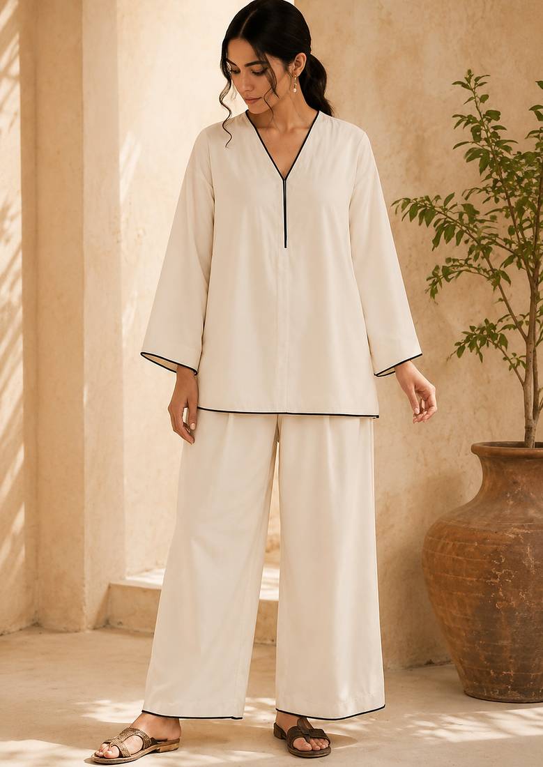 White solid pleated cotton shirt style tunic & trouser co-ord set for women