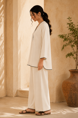 White solid pleated cotton shirt style tunic & trouser co-ord set for women 2