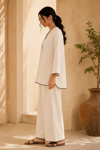 White solid pleated cotton shirt style tunic & trouser co-ord set for women