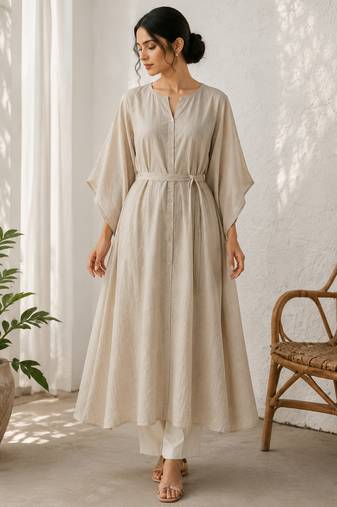 Beige cotton kurta with palazzo kurta set for women
