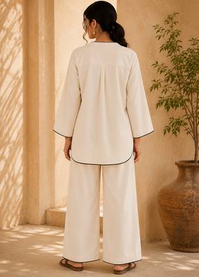 White solid pleated cotton shirt style tunic & trouser co-ord set for women 3