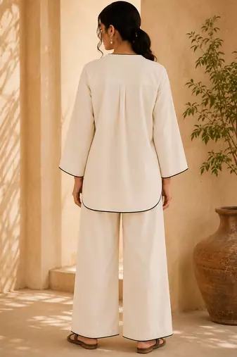 White solid pleated cotton shirt style tunic & trouser co-ord set for women