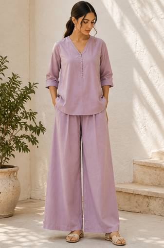 Purple solid pleated cotton shirt style tunic & trouser co-ord set for women