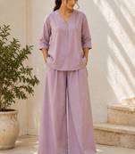 Purple solid pleated cotton shirt style tunic & trouser co-ord set for women