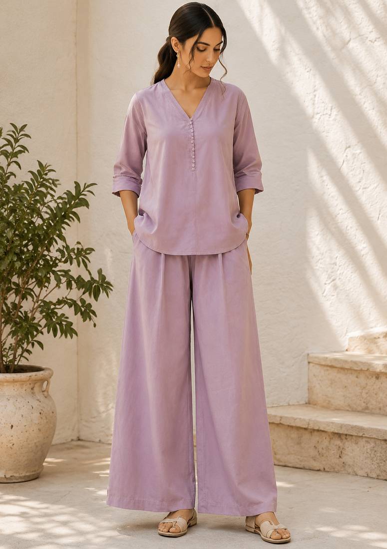 Purple solid pleated cotton shirt style tunic & trouser co-ord set for women