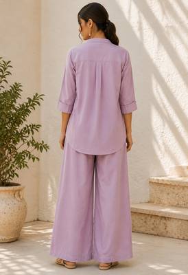 Purple solid pleated cotton shirt style tunic & trouser co-ord set for women 2