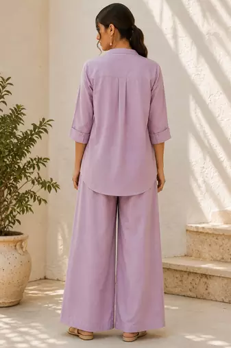 Purple solid pleated cotton shirt style tunic & trouser co-ord set for women