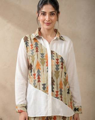 Green geometric printed linen collared shirt for women 1